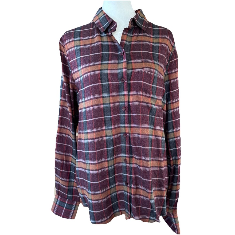 Beach‎ Lunch Lounge Button Up Fall Plaid Shirt Women's M Burgundy Mustard Autumn